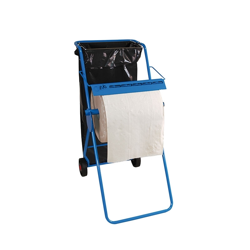 Support au sol zetMatic® pour rouleaux de chiffons de nettoyage avec support pour sac poubelle, bleu, largeur de rouleau jusqu'