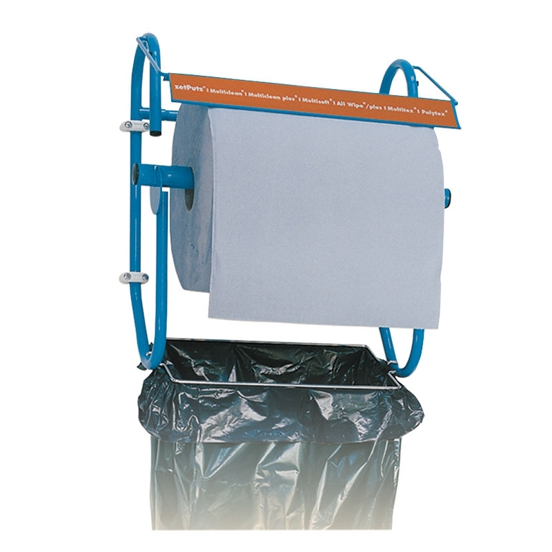 Support mural zetMatic® pour rouleaux de chiffons de nettoyage avec support pour sacs poubelles, bleu, largeur de rouleau jusqu