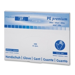 Gants PE Premium en boîte distributrice, bleu, épaisseur 0,018 mm, taille homme, boîte de 100 pcs.