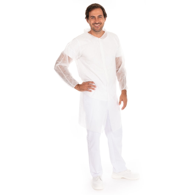 Blouse de visiteur Eco avec boutons-pression | PP, couleur blanc, longueur 110 cm, circonférence 120 cm, taille M