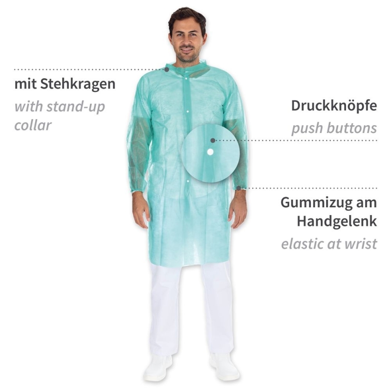 Besucherkittel Light mit Druckknöpfen | PP, Farbe grün, Länge 110 cm, Umfang 140 cm, Grösse XXL