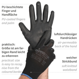 Gants en maille fine Black Ace | revêtement PU, taille L