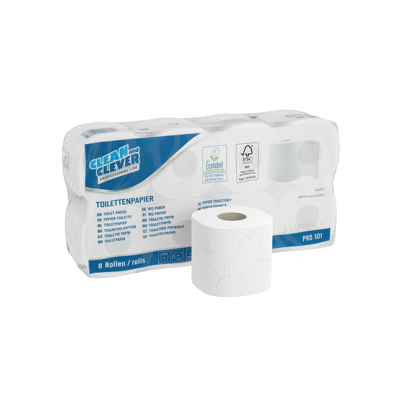 Papier hygiénique CLEAN and CLEVER petit rouleau PRO 101, blanc, 3 couches, env. 250 fiches de 94 x 110 mm