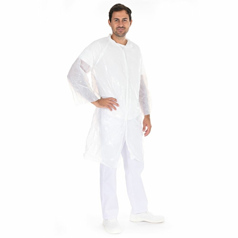 Besuchermantel PE, weiss, Gr. XL, mit Kragen und Druckknöpfen