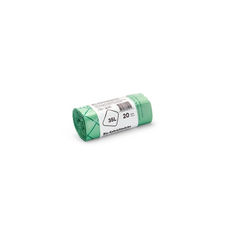Sac poubelle 35 litres BIO, 20 sacs par rouleau, 0,025 mm, avec fermeture à nœud