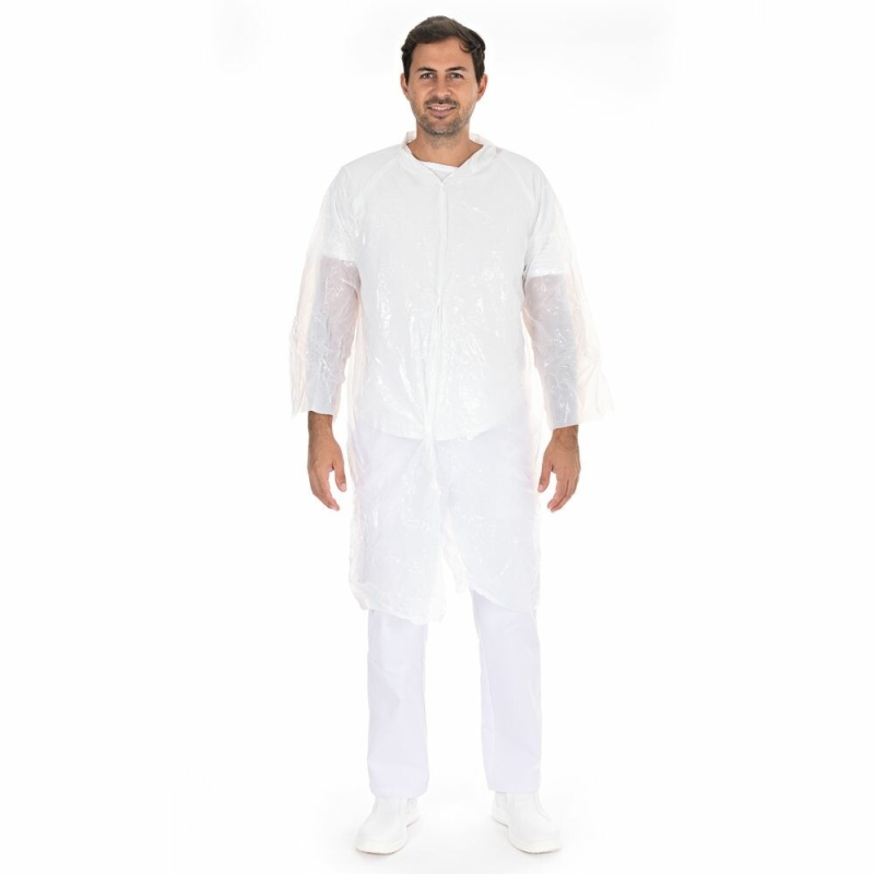 Besuchermantel PE, weiss, Gr. XL, mit Kragen und Druckknöpfen