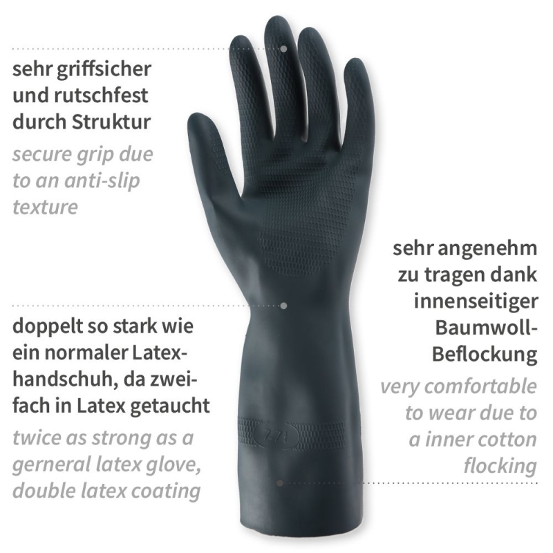 Gant pour produits chimiques | latex/néoprène, noir, taille 9/L