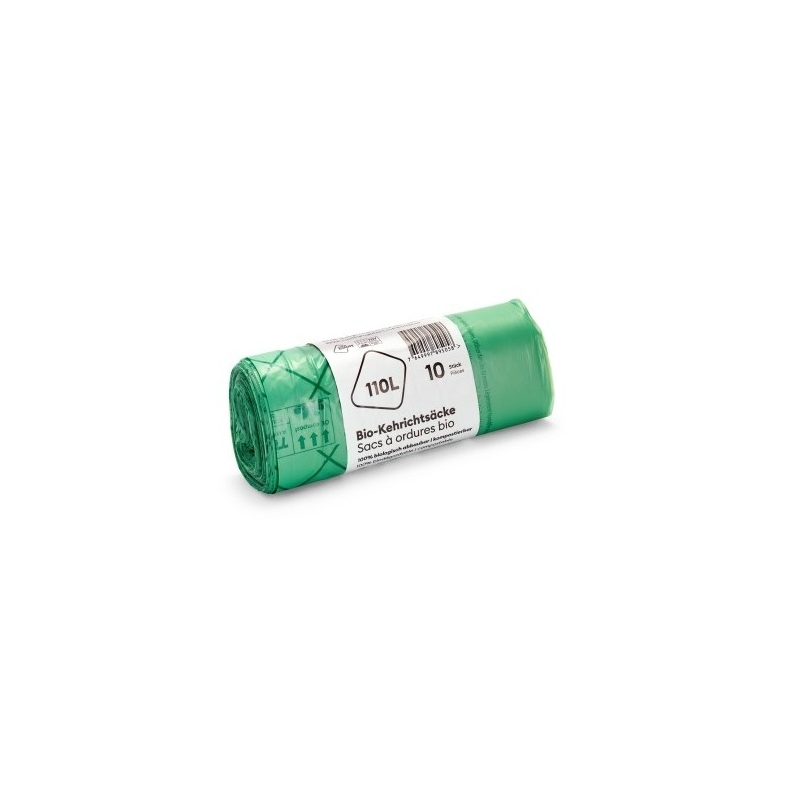 Sac poubelle 110 litres BIO, 10 sacs par rouleau, 0,035 mm, avec fermeture à nœud