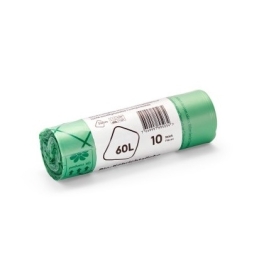 Sac poubelle 60 litres BIO, 10 sacs par rouleau, 0,025 mm, avec fermeture à nœud