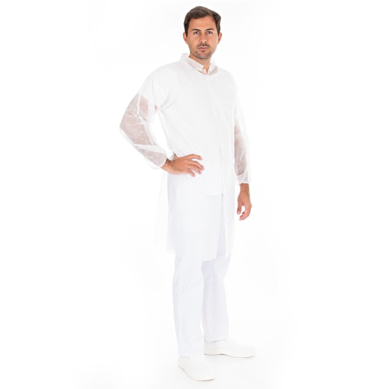 Besucherkittel Light mit Kragen und Klettverschluss | Farbe weiss, Gr. XXXL / PP, Länge 115 cm, Umfang 150 cm