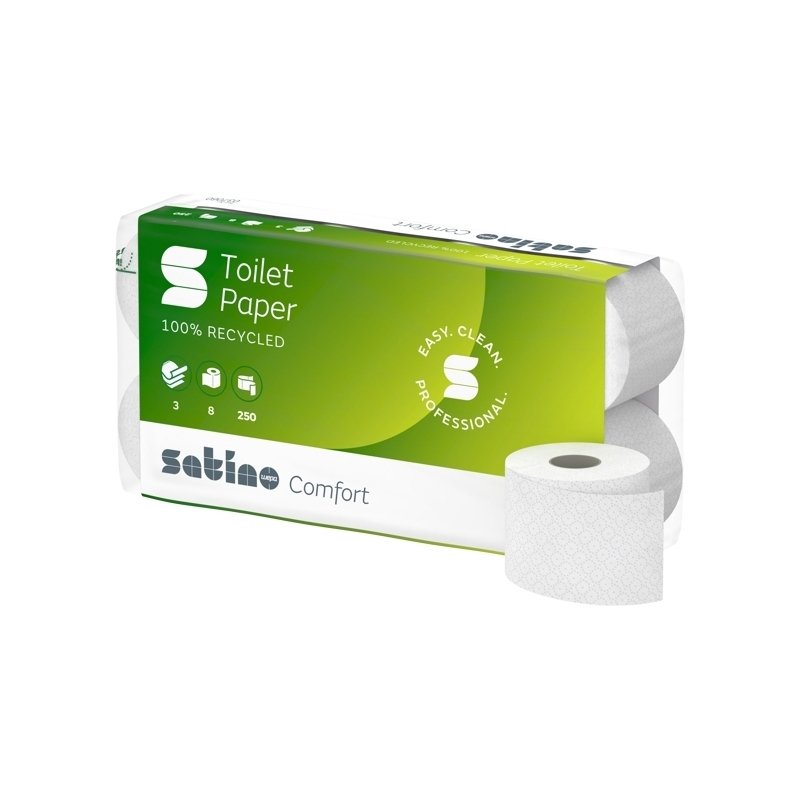 Satino Comfort Papier hygiénique petits rouleaux - MT1 System recyclé, 3 couches, rouleau de 250 feuilles, 9,4 × 12 cm, blanc