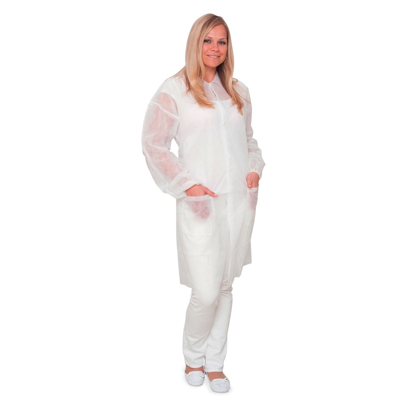 Blouse pour visiteurs, blanche, sans poches, avec col, poignets élastiques et boutons-pression, taille 4/XL, 145 cm (L) x 115 c